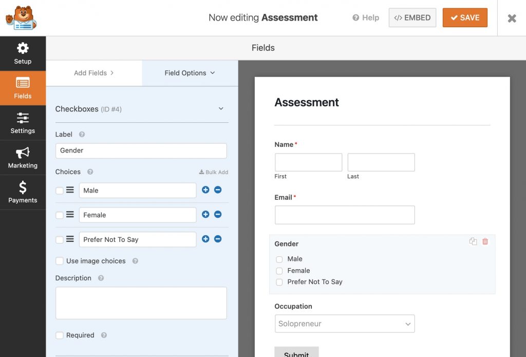 Customize the field options of your signup form by clicking on the individual field and making changes on the left