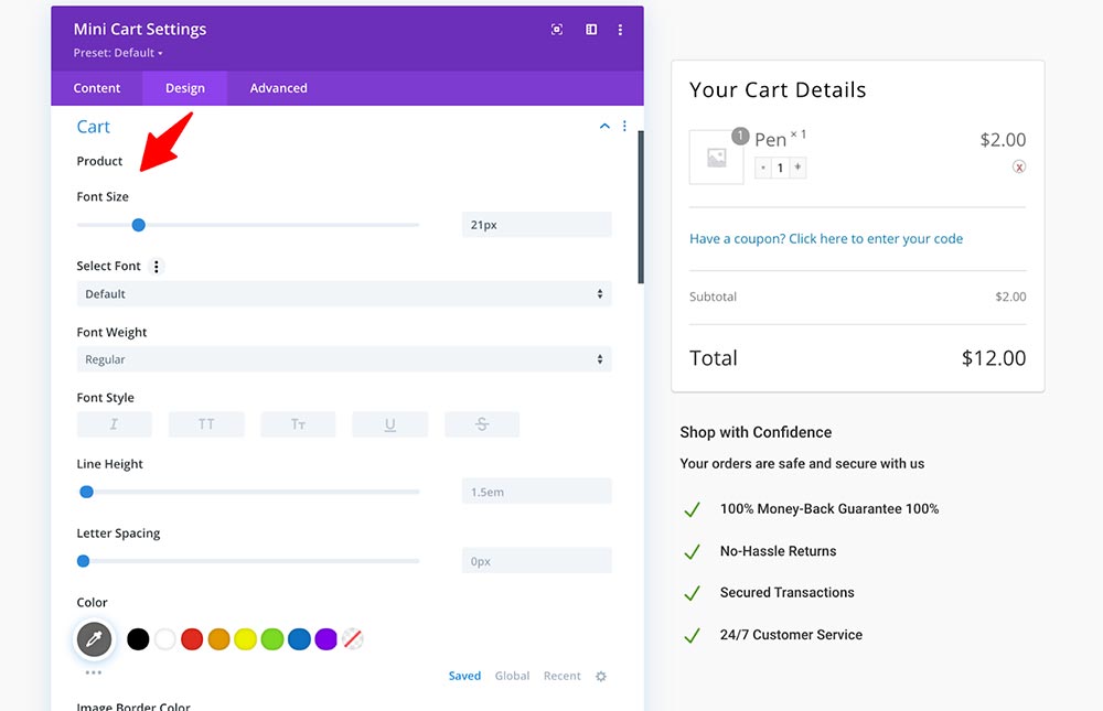 Mini Cart - design settings for divi modules