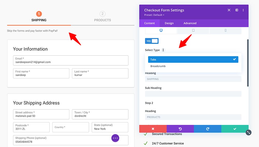 Checkout form - content settings for divi modules