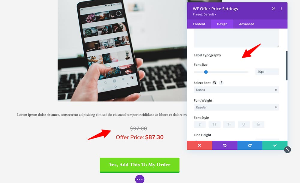 Offer Price Divi module for One-Click Upsells - customization