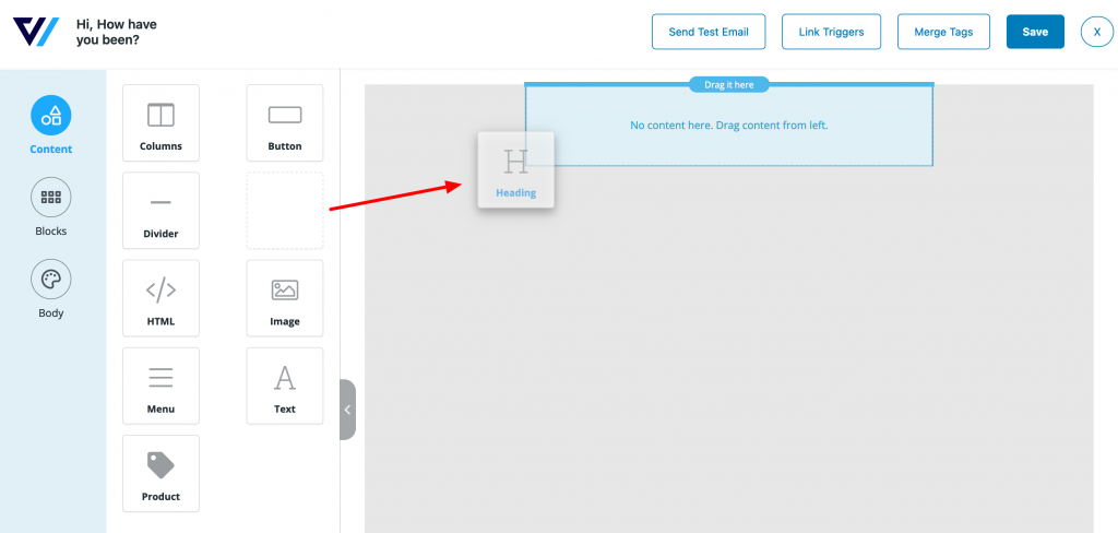 Drag the content block on the workspace