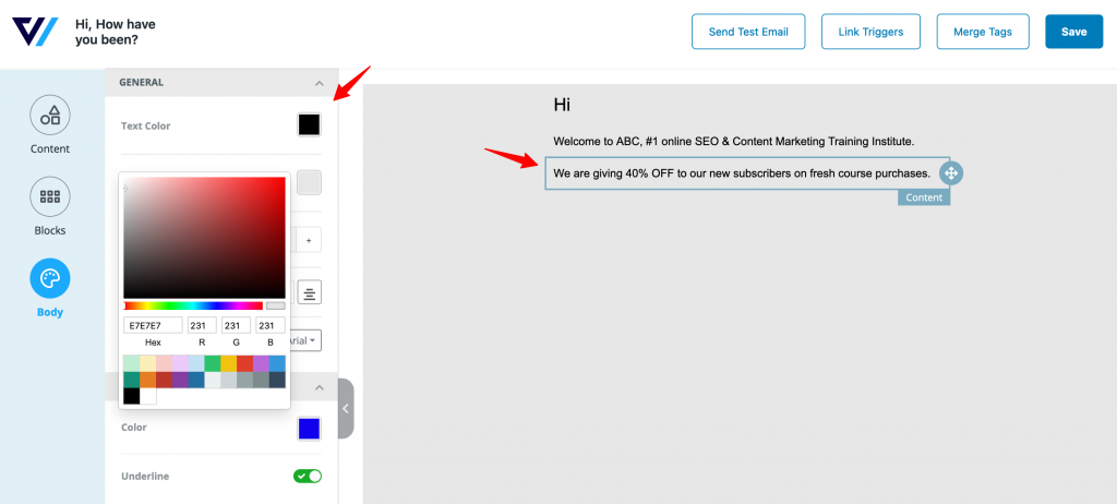 Create the content using headings, texts, dividers, and more