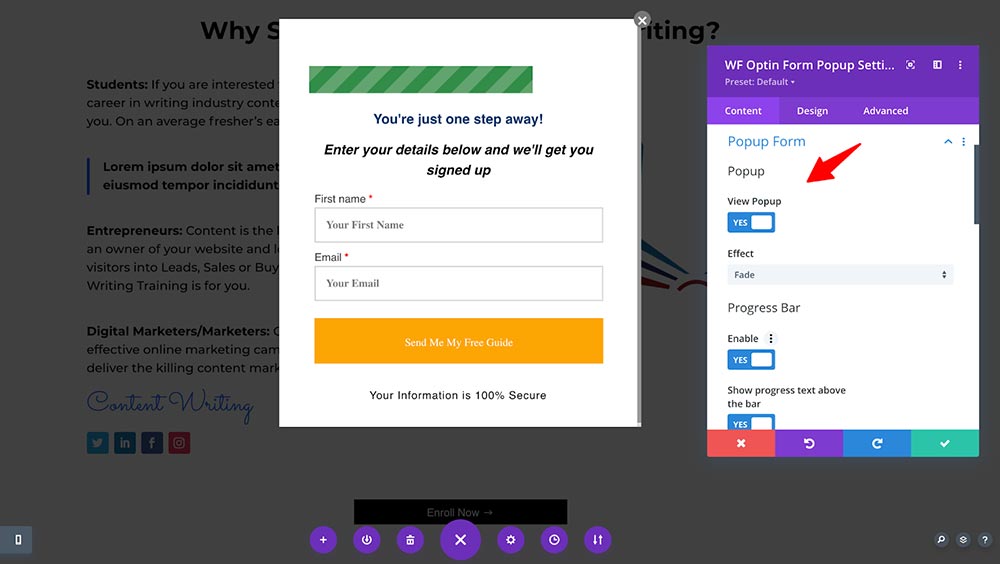 WF Optin form popup - content settings for divi modules