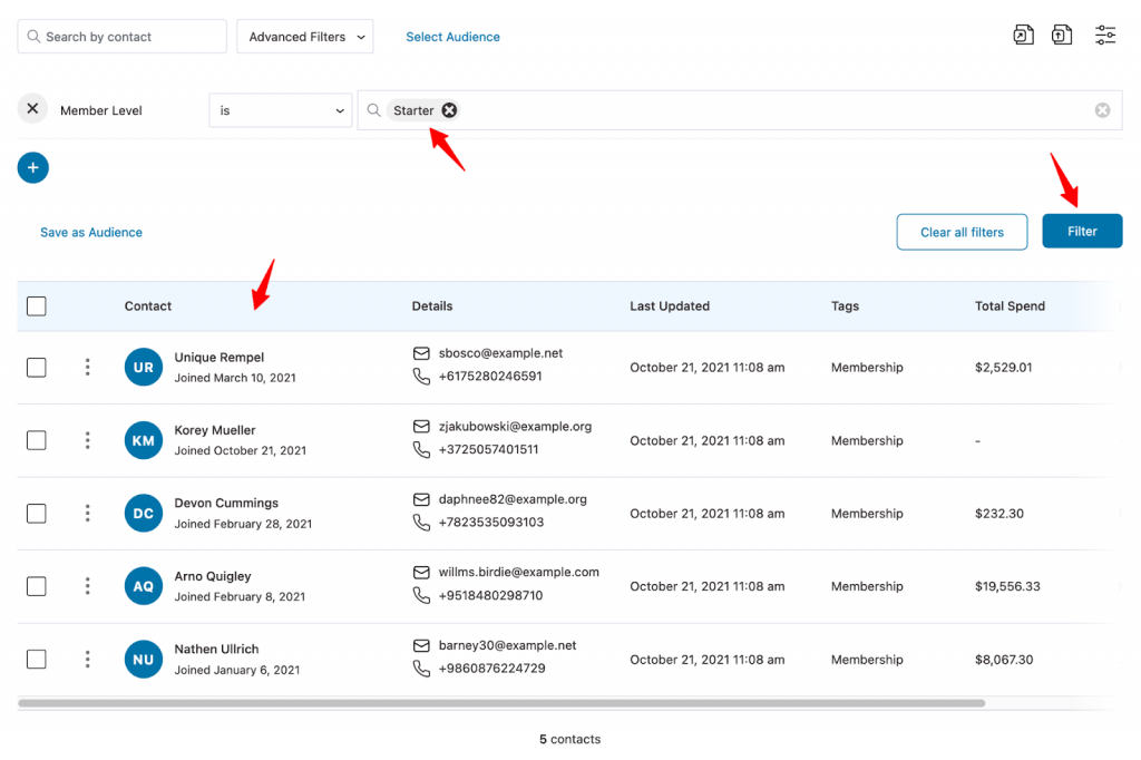 Filtering our contacts who are on the “Starter” membership level