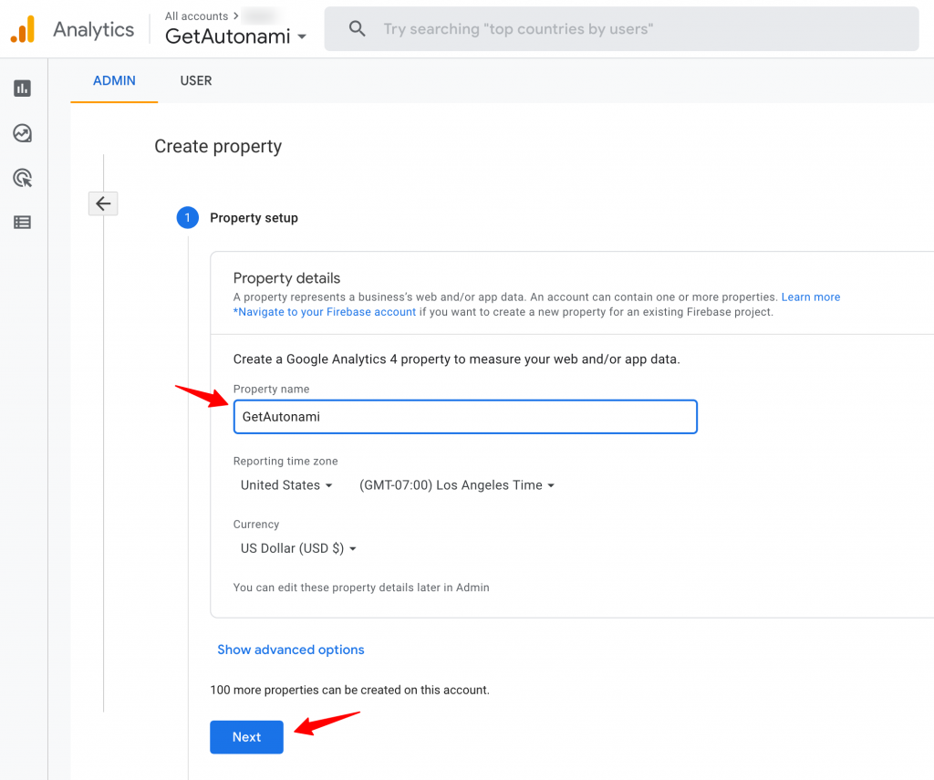Enter the name of your new property and configure other property-related settings