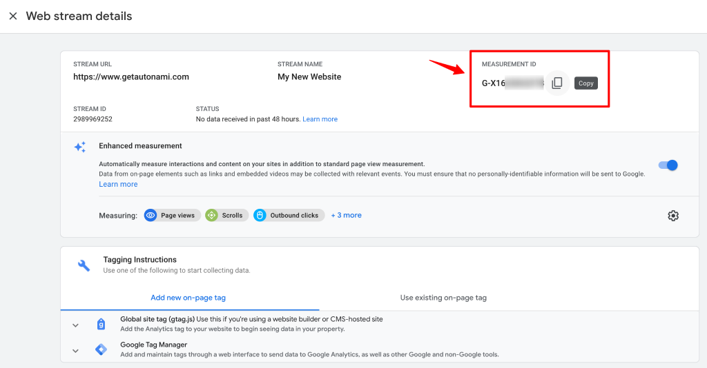 Copy the GA Measurement ID