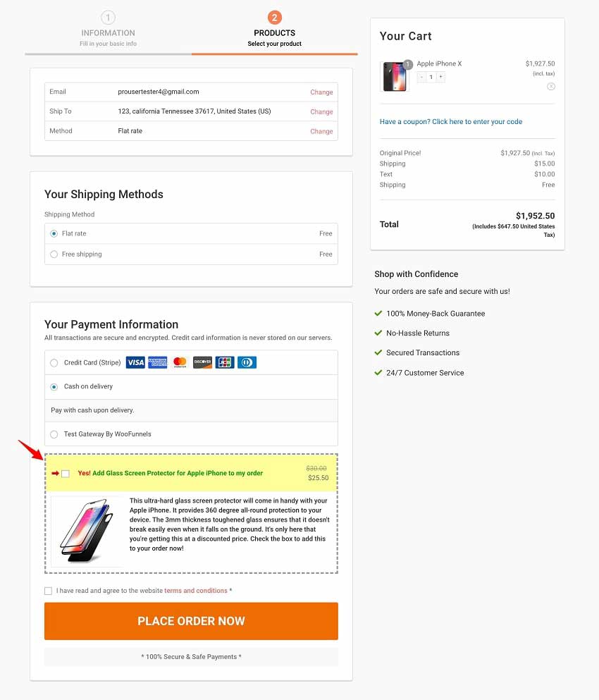See how a typical Order Bump looks on a two-step WooCommerce Checkout page.