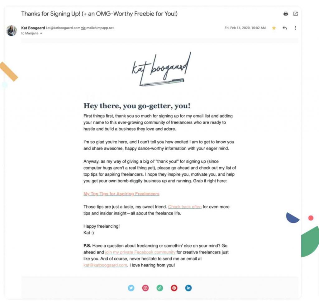 Welcome email examples - Kat Boogaard