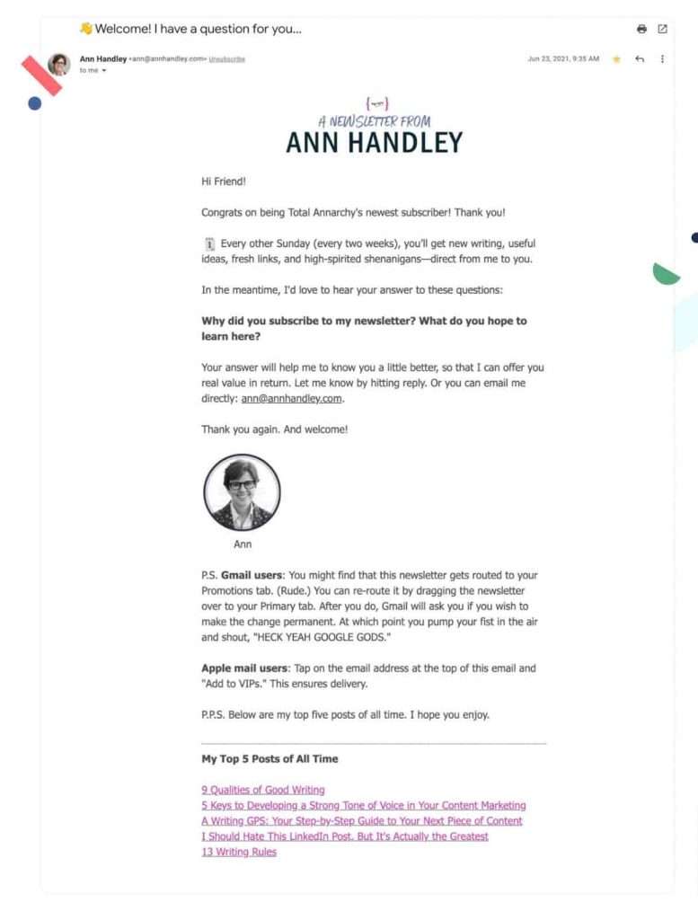 Welcome email example - Ann Handley