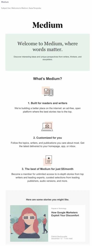 Medium - welcome email example