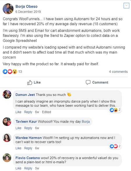 Review of Borja Obeso satisfied with the WooCommerce cart abandonment strategy of FunnelKit Automations