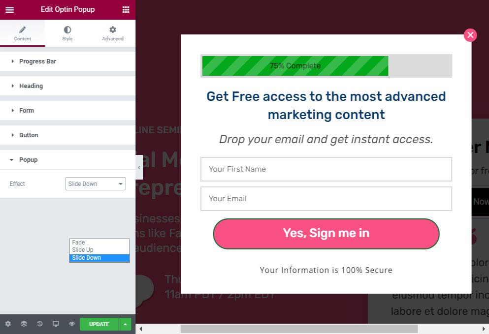 Customize the popup effect on your opt in page popup form