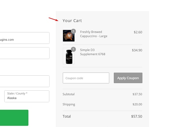 Item images and quantity in the cart