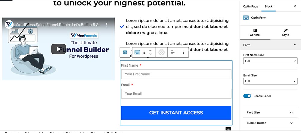 General settings for Optin form slingblock