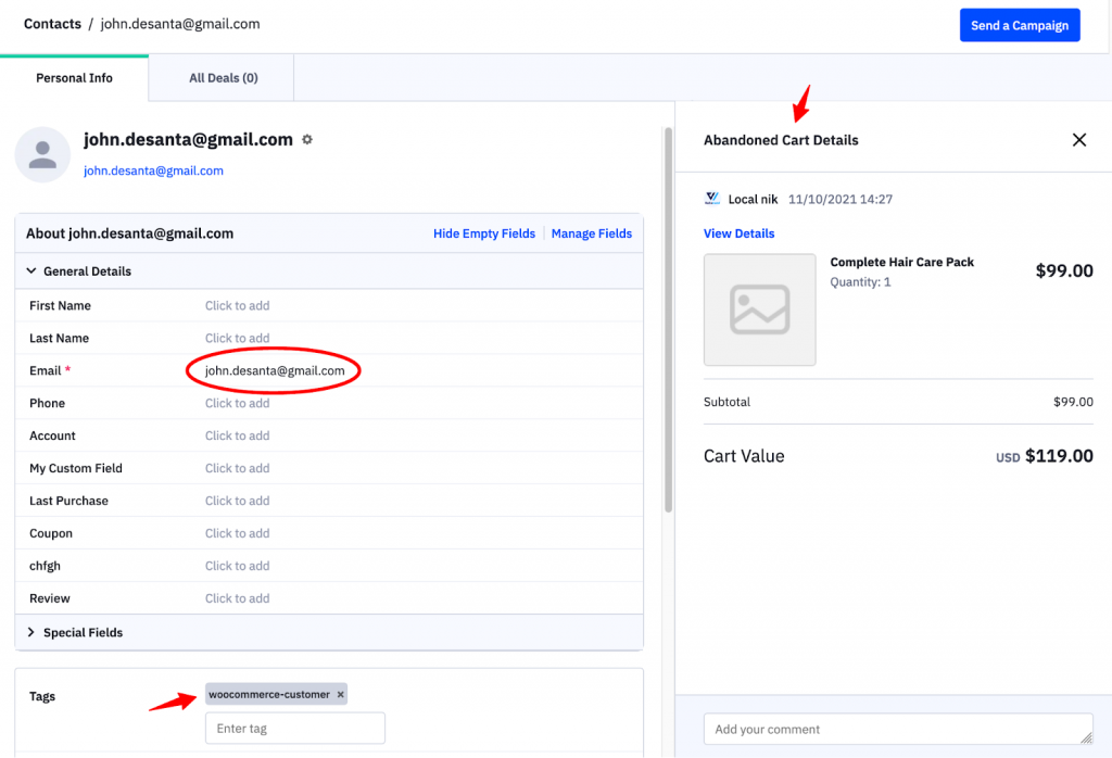 Abandoned cart details - ActiveCampaign account