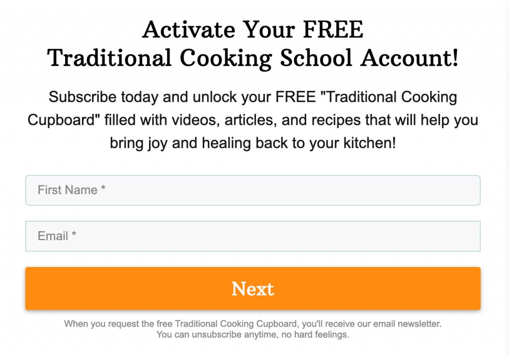 Opt in page offer example of free trial offer by Traditional Cooking School