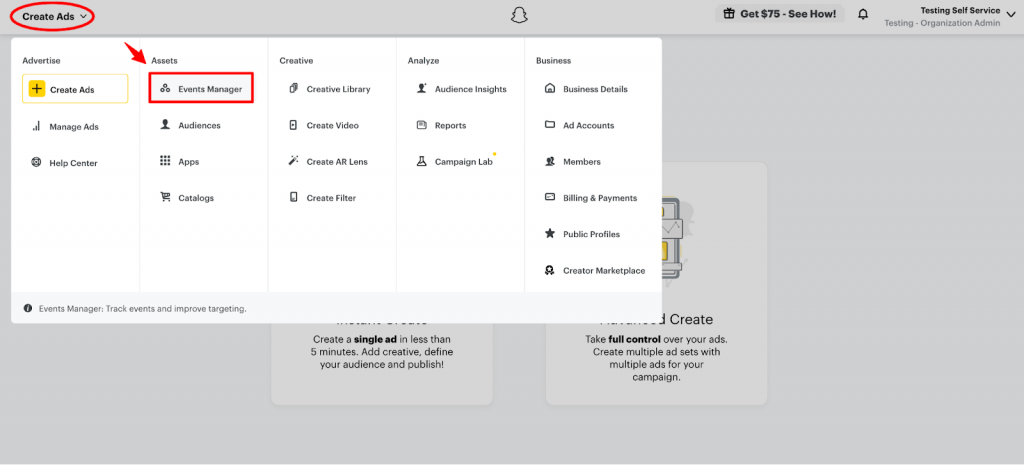 Click on Create Ads ⇨ Events Manager