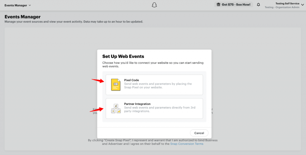 Choose how you’d like to connect your website to start sending web events to track