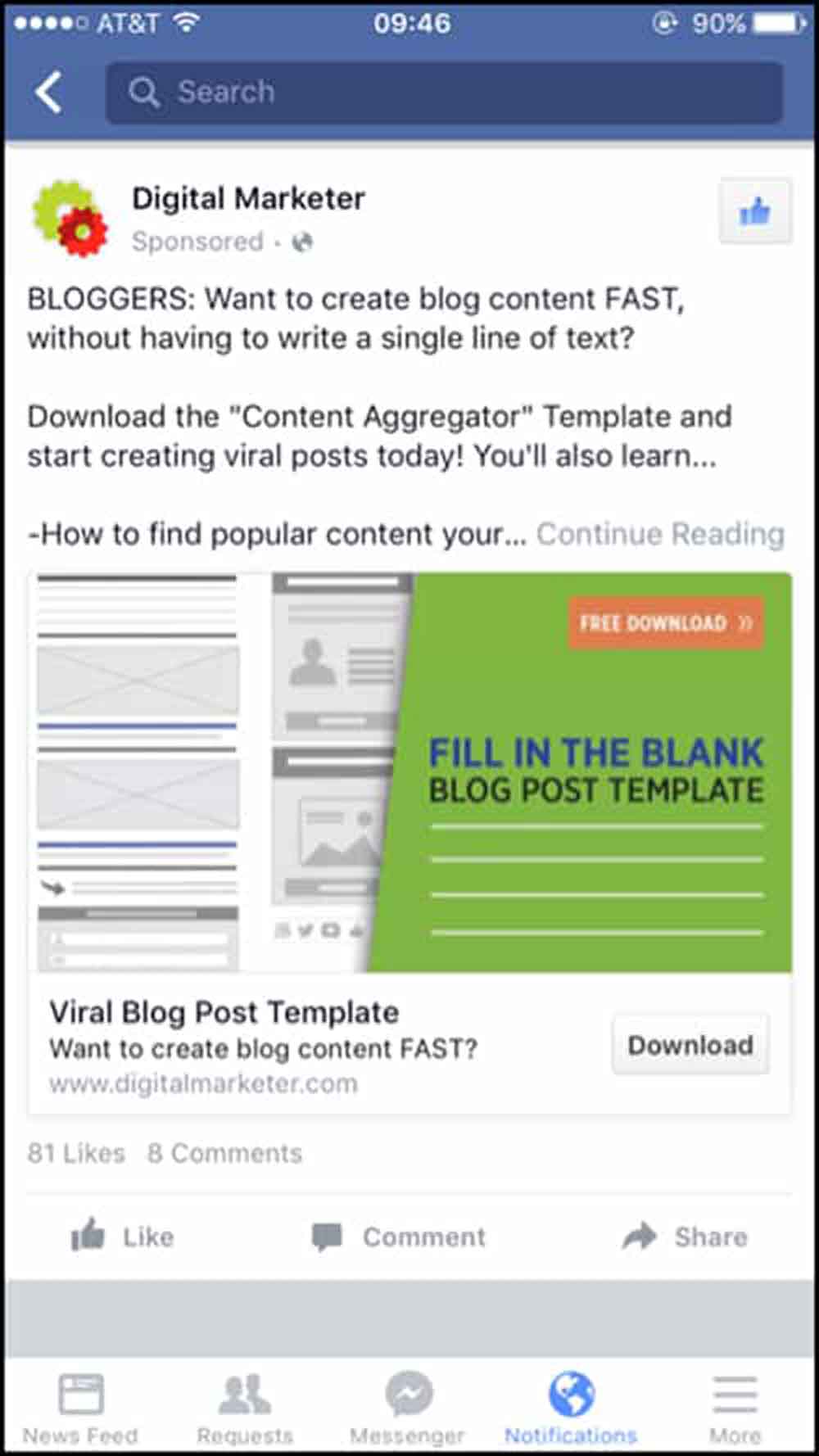 Using Facebook Ads to drive traffic - Example from Digital Marketer