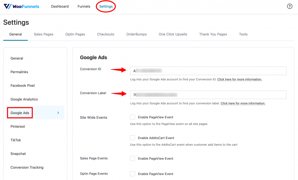 Paste the Conversion ID and Label in FunnelKit (formerly WooFunnels)