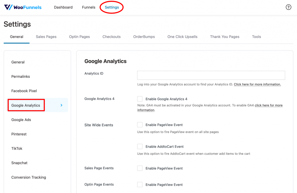 Go to FunnelKit (formerly WooFunnels) ⇨ Settings ⇨ Google Analytics