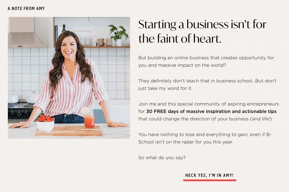 Amy Porterfield Facebook ads landing page: note from the creator