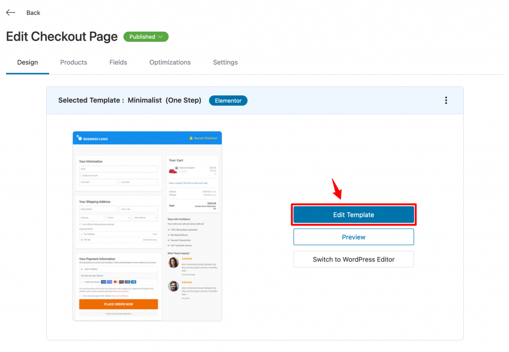 Click on 'Edit Template' to edit your checkout page with Elementor