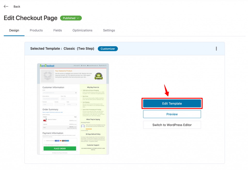 Click on the 'Edit Template' button to start editing your Checkout page with Customizer