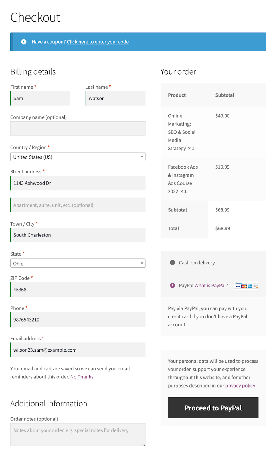 Native WooCommerce Checkout page