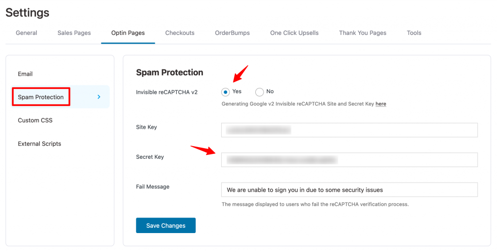 Spam Protection for global Optin Page settings