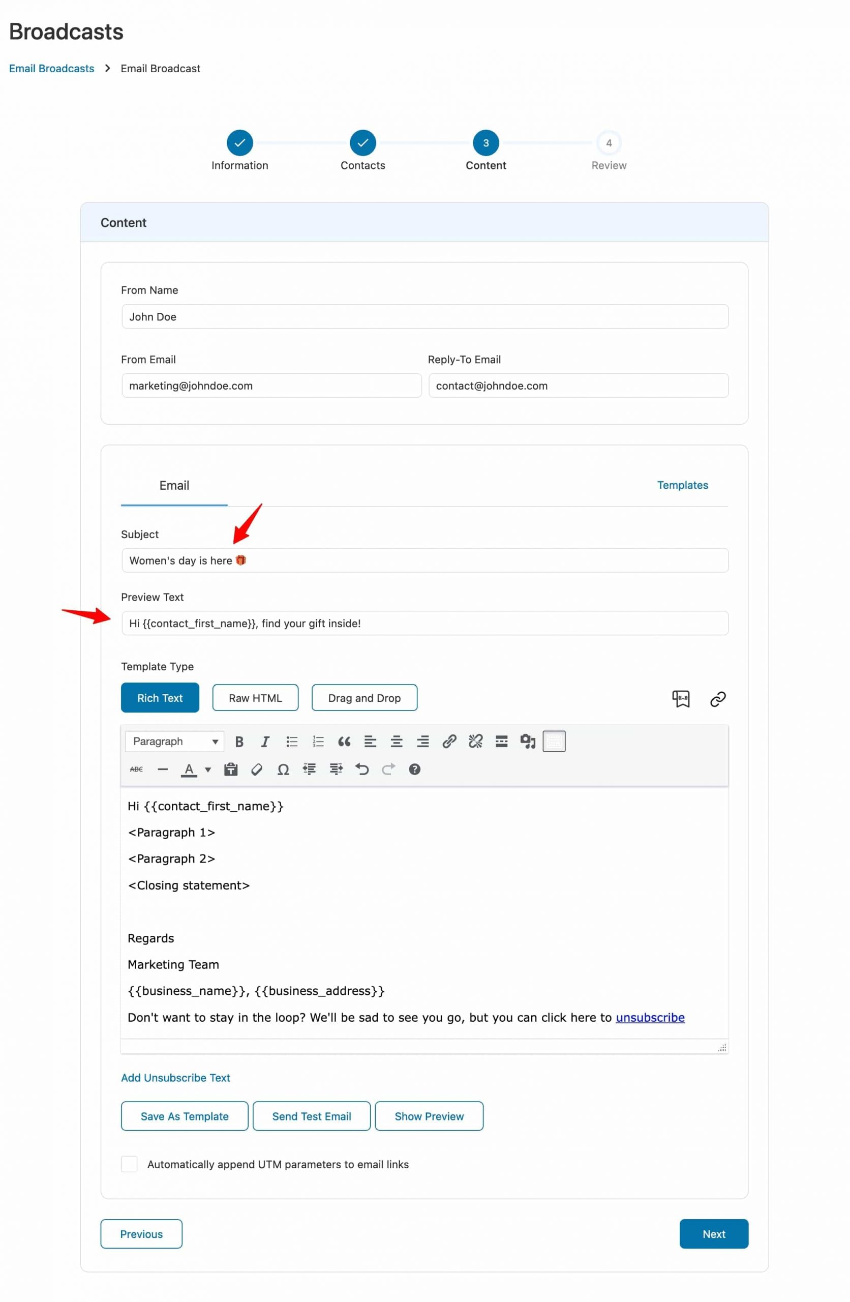 Setting up subject line, preheader and email body in broadcast campaigns with FunnelKit Automations