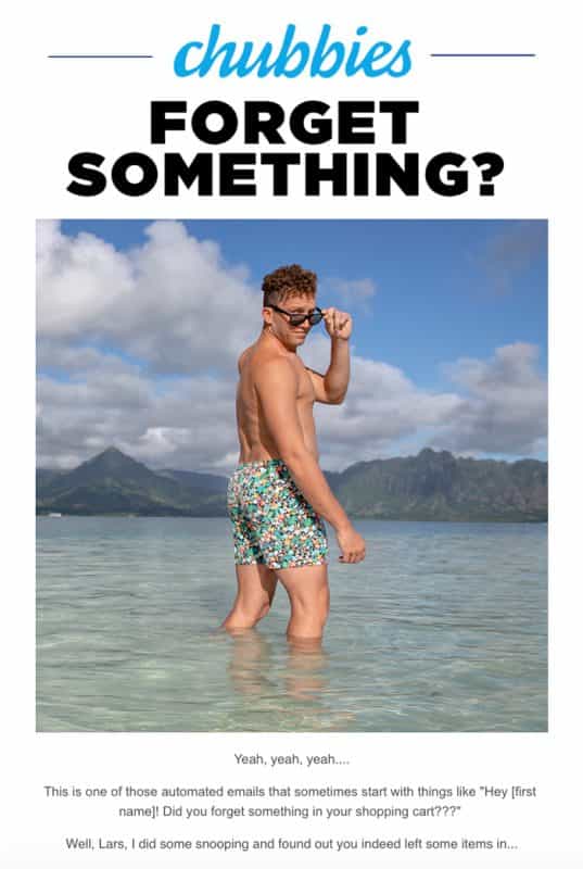 Cart abandonment "Forgot something" email subject lines - Example from Chubbies