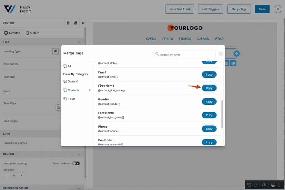 Copy and paste the merge tag to your workspace