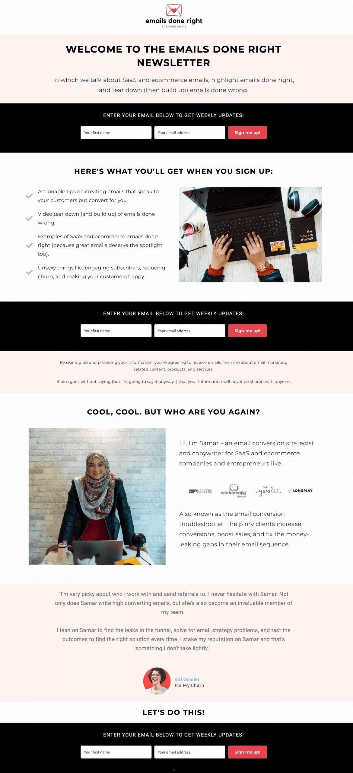 Emails Done Right - Newsletter Subscription landing page example #1