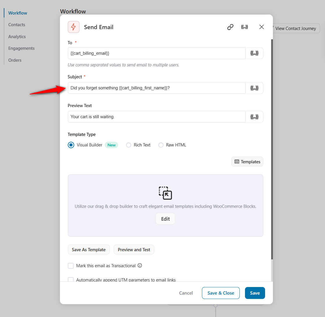 Write your personalized abandoned cart subject lines, preheaders and click on Launch Editor to design your email