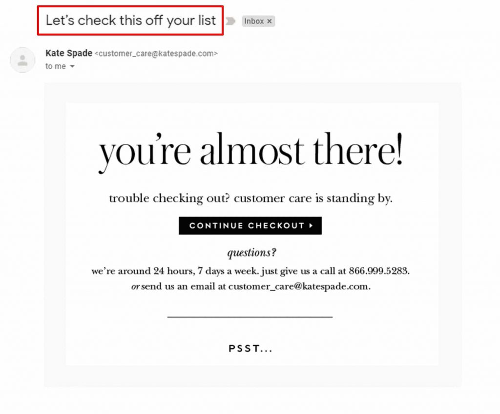 Cart abandonment "Suggestive" email subject lines - Example from Kate Spade