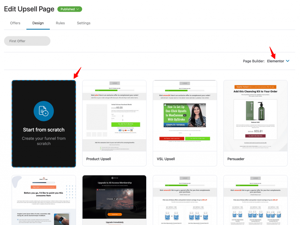 Elementor upsell page templates
