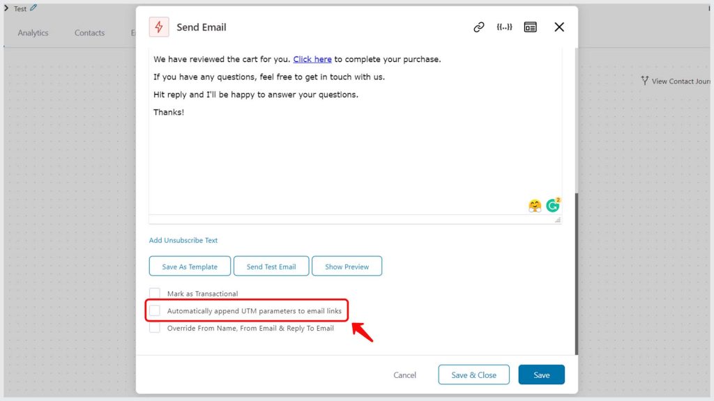 Check the box to add UTM parameters to the links in FunnelKit Automations