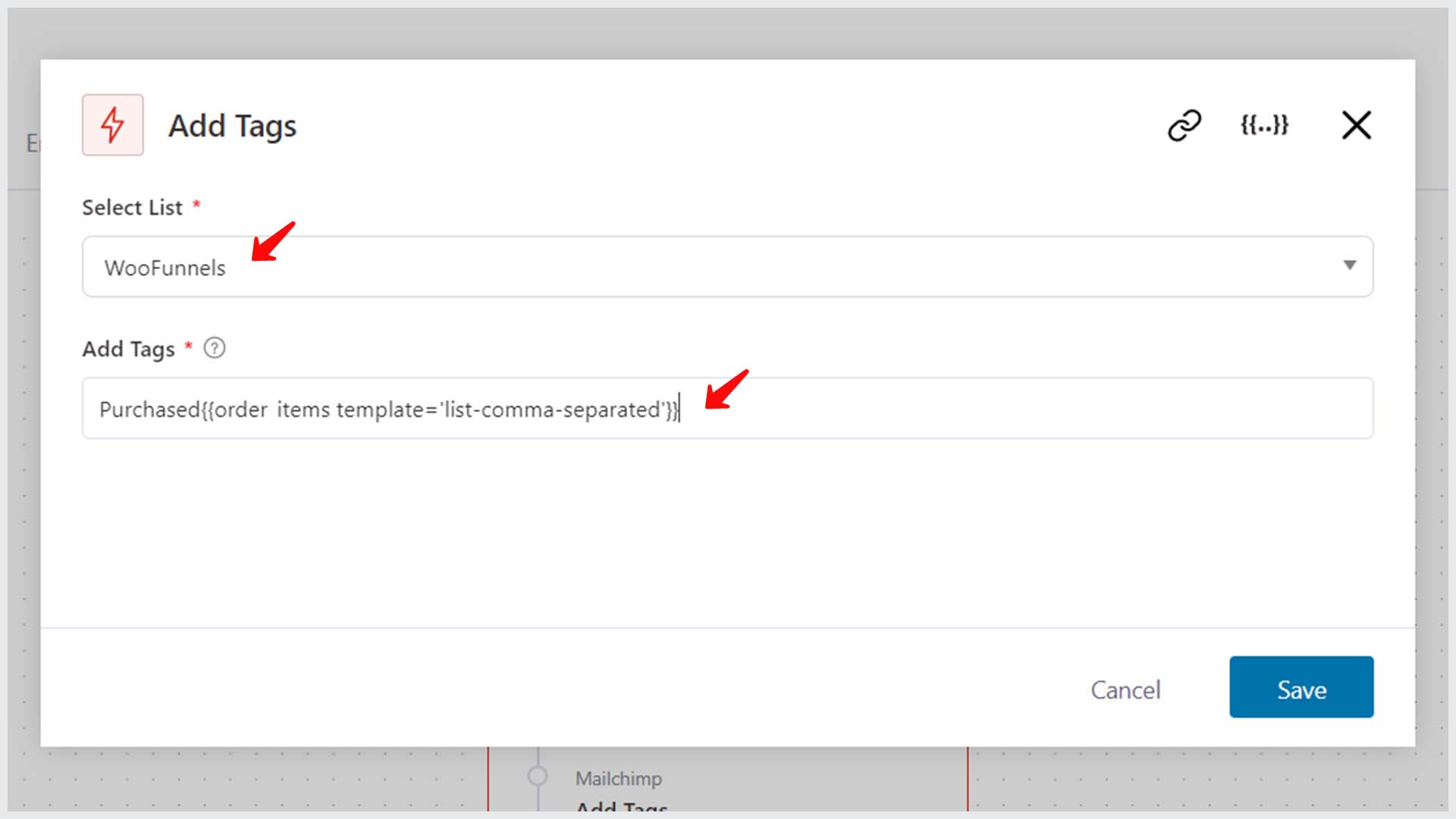 enter the mailchimp tag