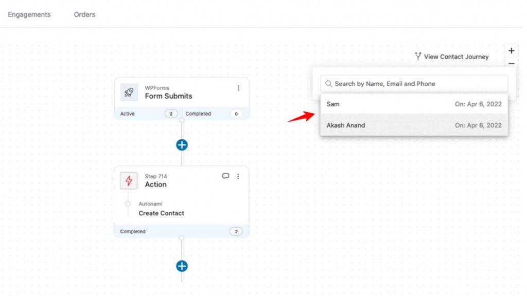 Select the name of the contacts who have triggered the automation