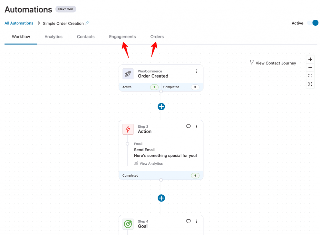 Engagement and Orders button in FunnelKit Automations