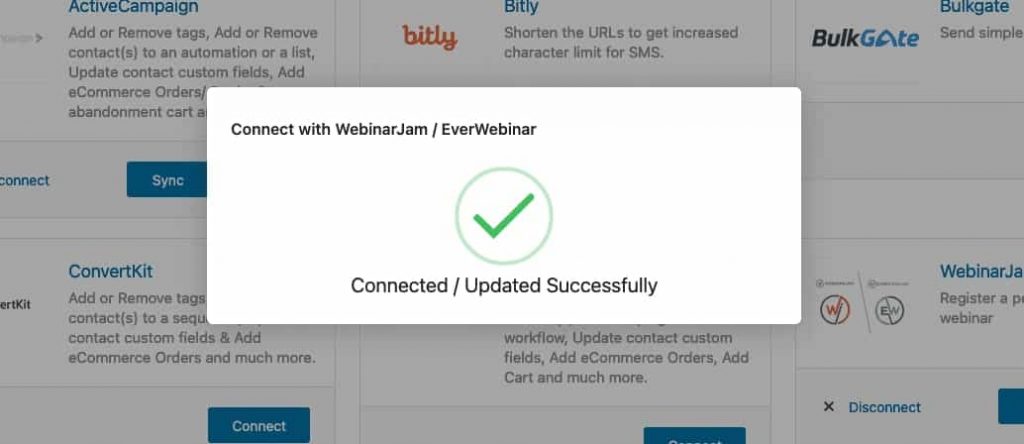 FunnelKit Automations and EverWebinar / WebinarJam connected successfully
