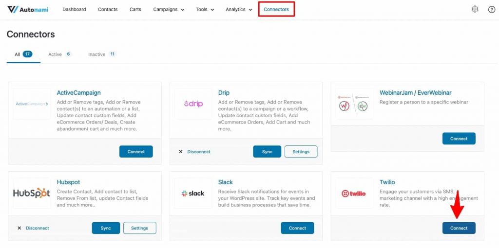 Go to the Connectors tab on FunnelKit Automations and click on ‘Connect’ under Twilio