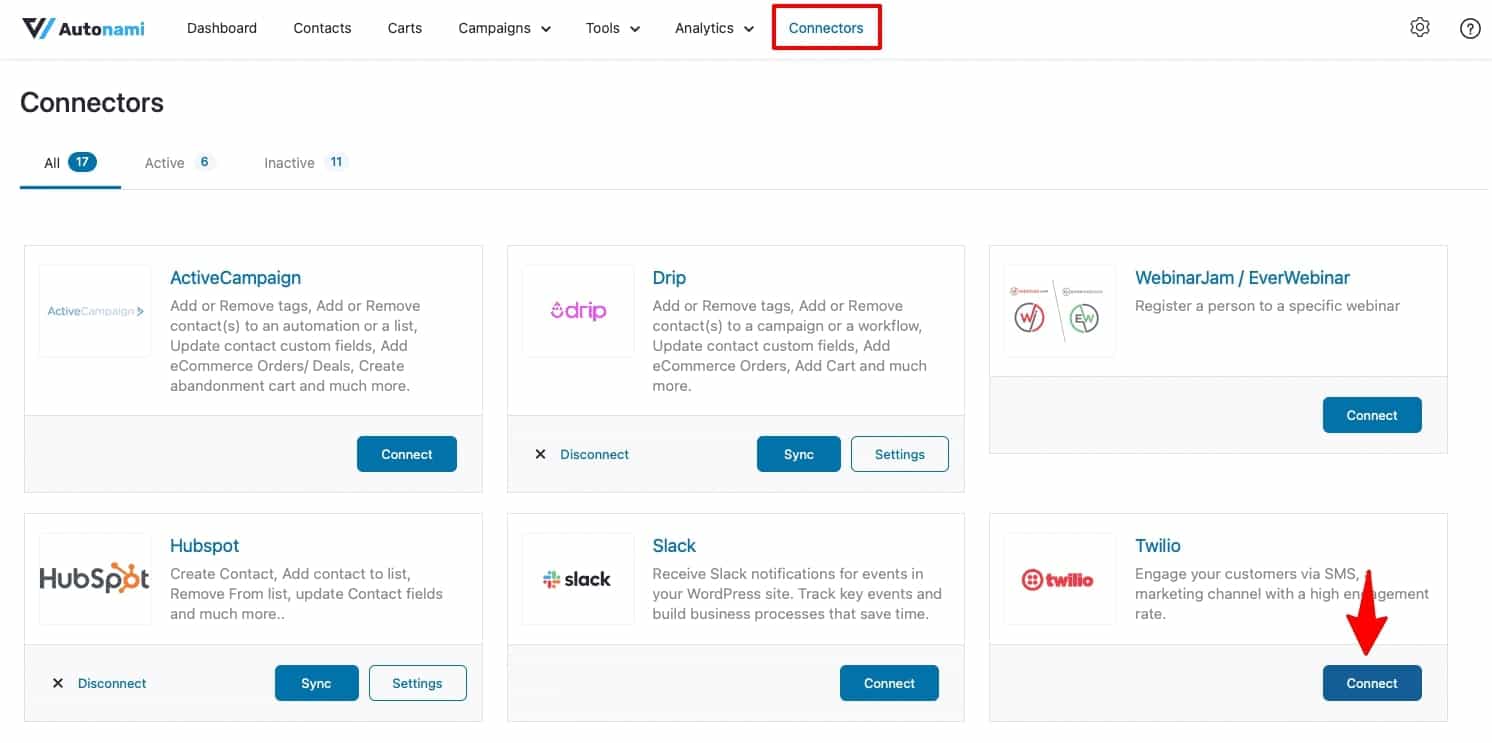 Go to the Connectors tab on FunnelKit Automations and click on ‘Connect’ under Twilio