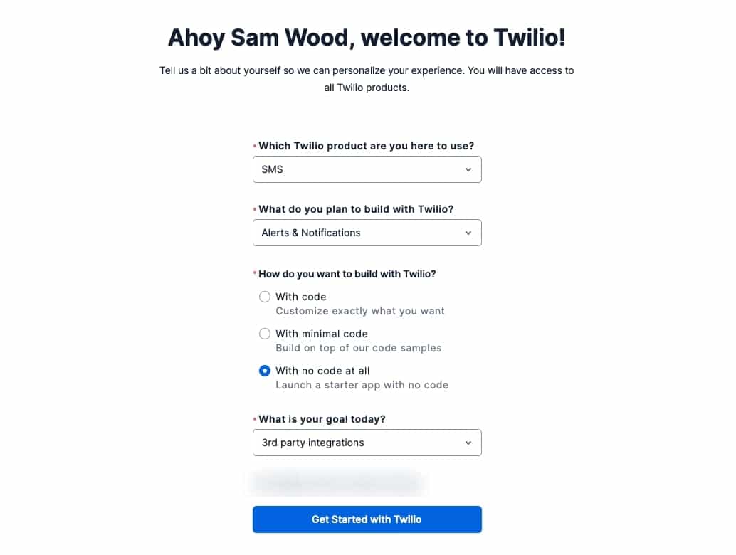 Click on "Get started with Twilio"