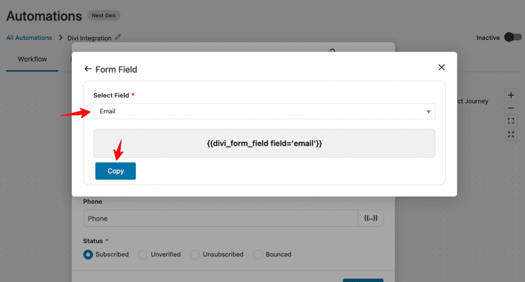 All you have to do is go to the Form Fields merge tag and copy the respective fields