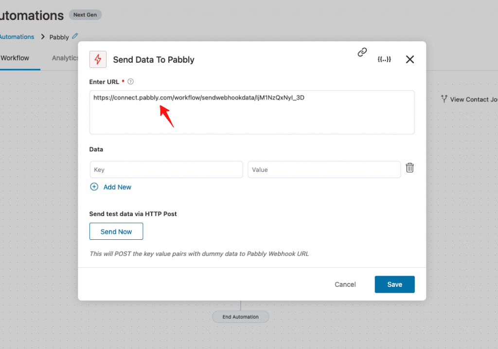 Paste the copied webhook URL in FunnelKit Automations Pabbly 