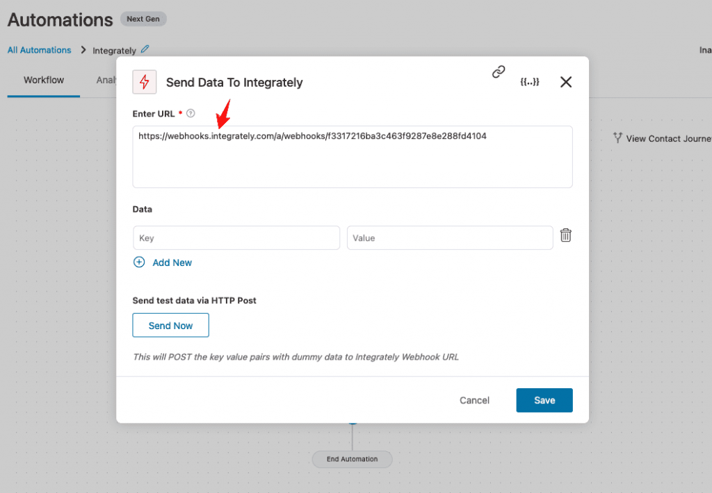 Paste the copied webhook URL in FunnelKit Automations