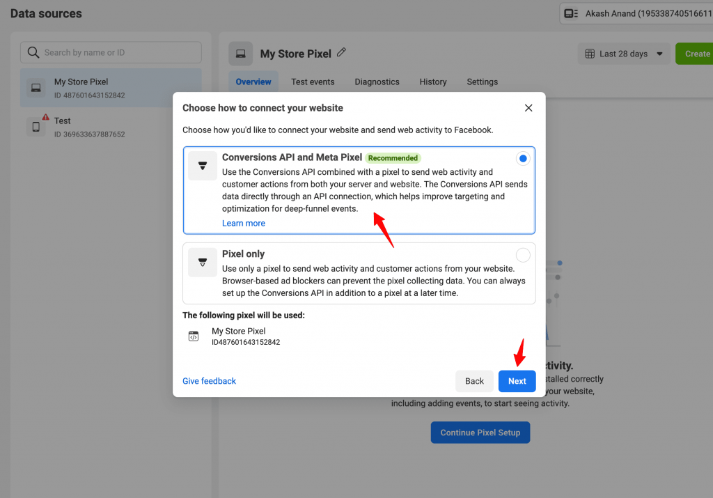 Select the Conversions API and Meta Pixel