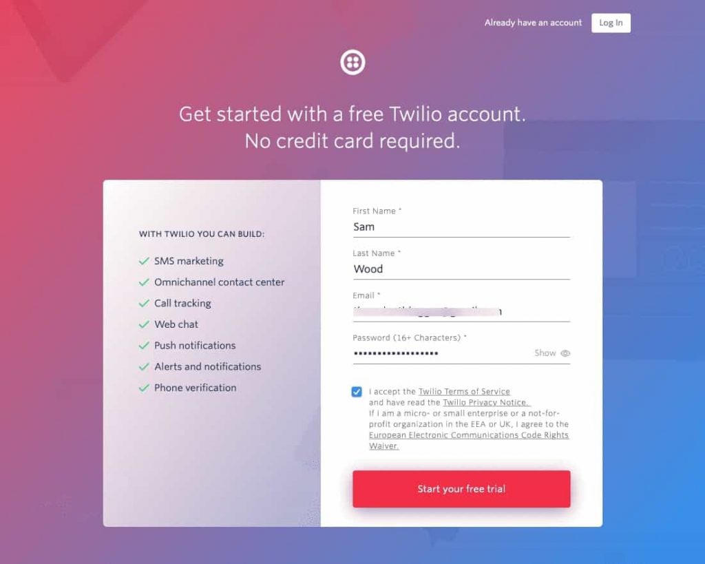Enter your name, email and password to create your Twilio account